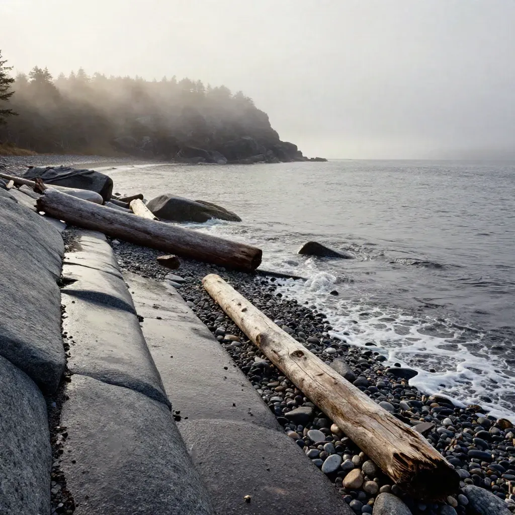 Pebble-level view of a foggy Maine cove with granite shelves, driftwood, and foamy tide