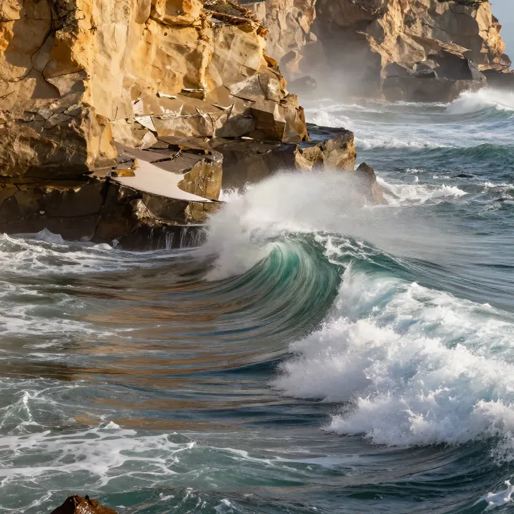 Close-cropped San Diego point break with a clean green wave, cliffs, and sea mist.