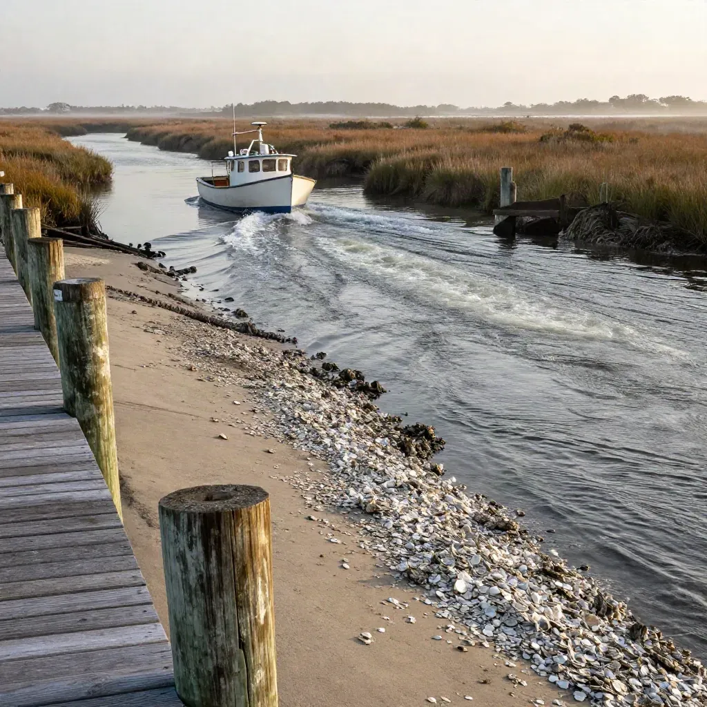 Sunrise Gulf inlet with marsh grass, bait skiff, oyster bars, and wake lines by dock pilings.