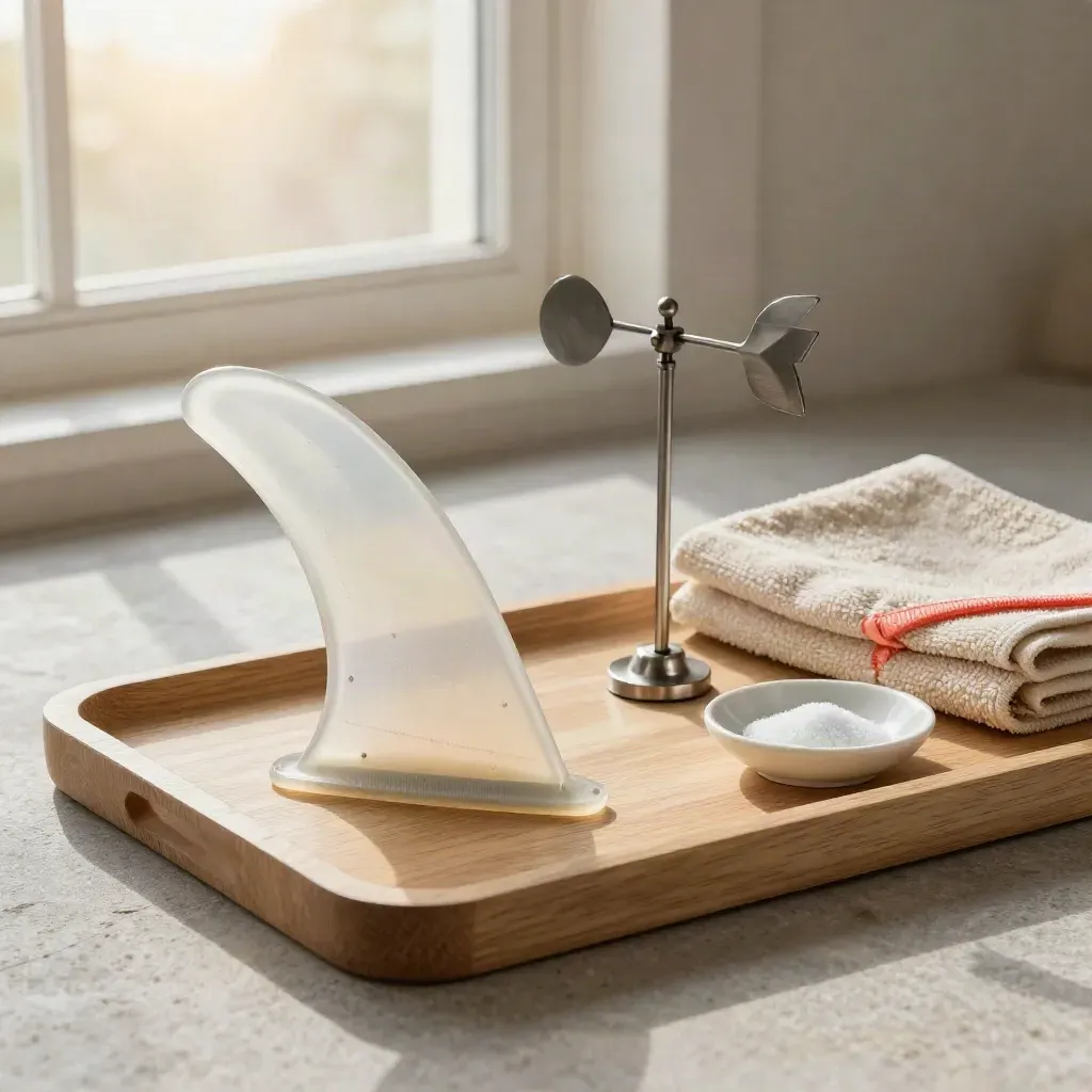 Surf fin, wind vane, towel and glazed dish on pale oak tray, lit by dawn window glow
