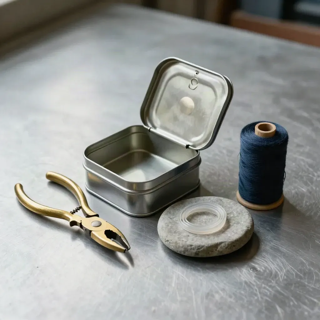 Chrome lure tin, brass pliers, coiled leader and stone dish on brushed metal