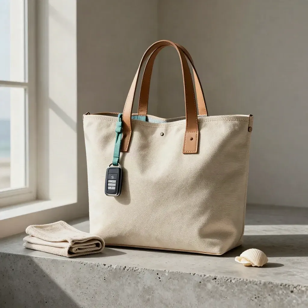 Canvas beach tote, key fob, towel and shell on a stone shelf in soft side light.