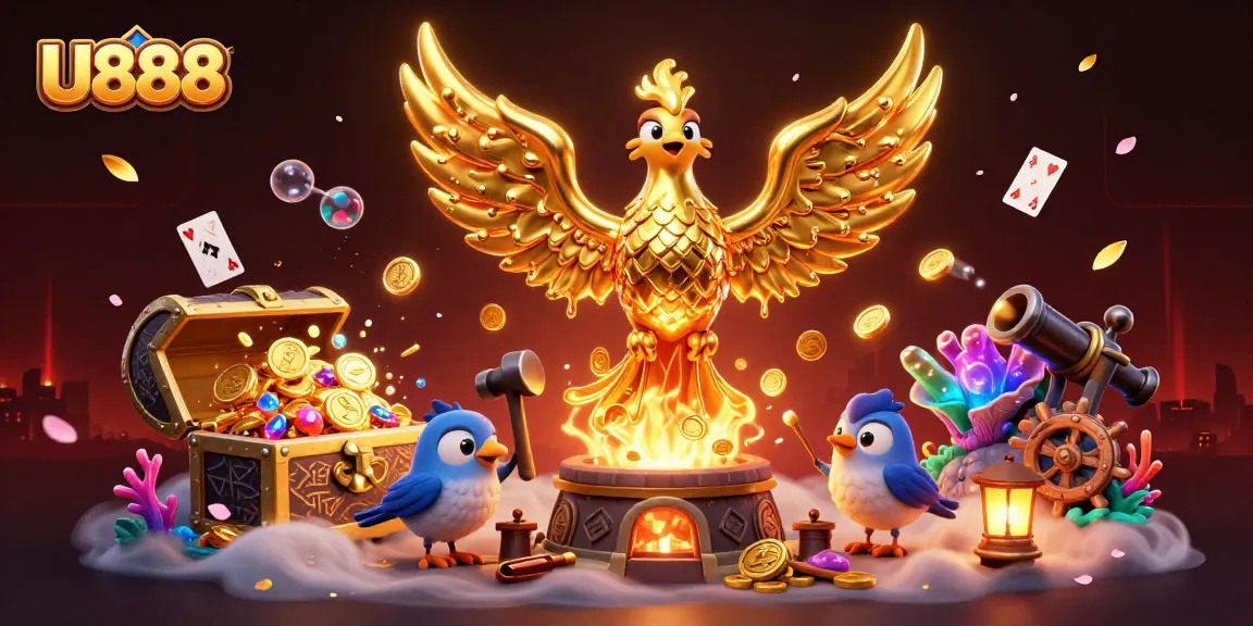 U888 fantasy illustration showcasing a golden phoenix and treasures for gamers.