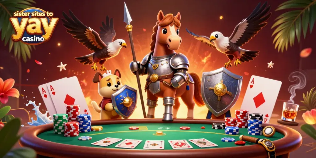 Engage in epic gaming action with sister sites to yay casino featuring colorful poker elements.