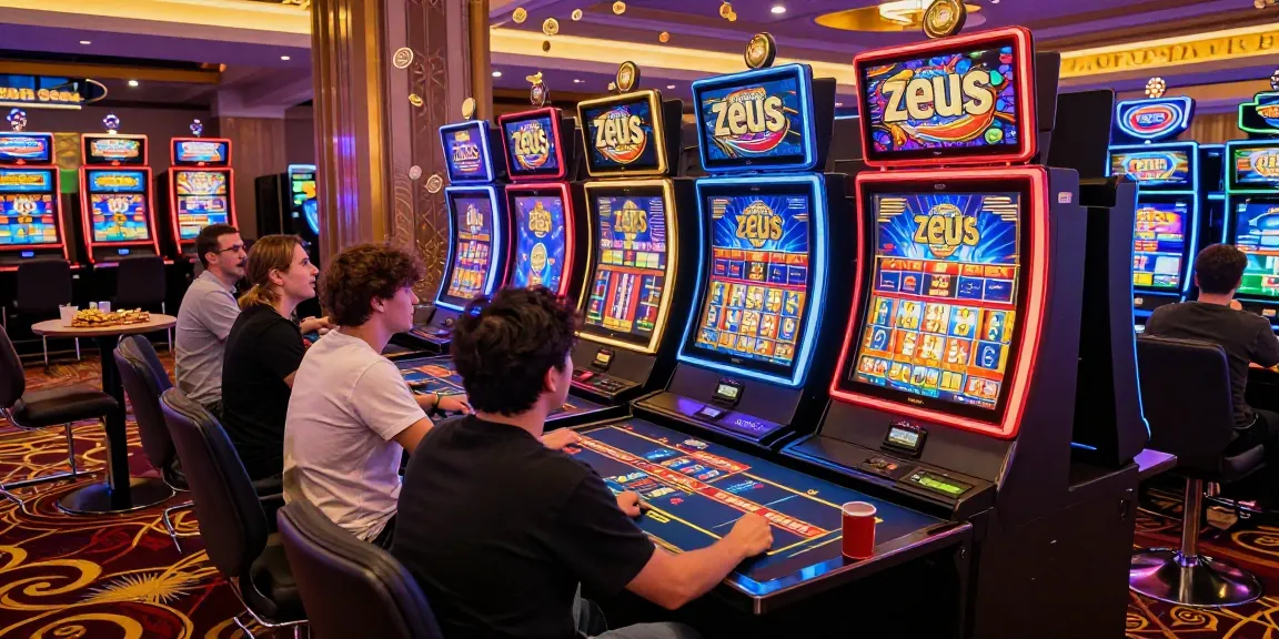 Players enjoying slot zeus games in an exciting casino environment with vibrant lights and colorful machines.