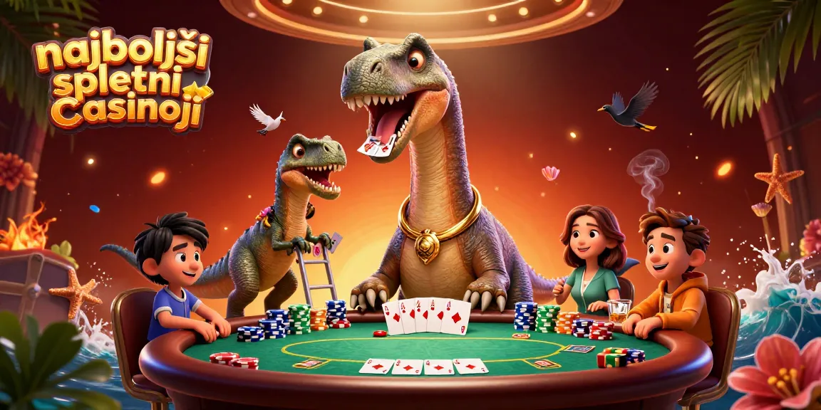 Najboljši spletni casinoji se srečujejo ob igralni mizi, z dinozavrom in spretnim raptorjem.
