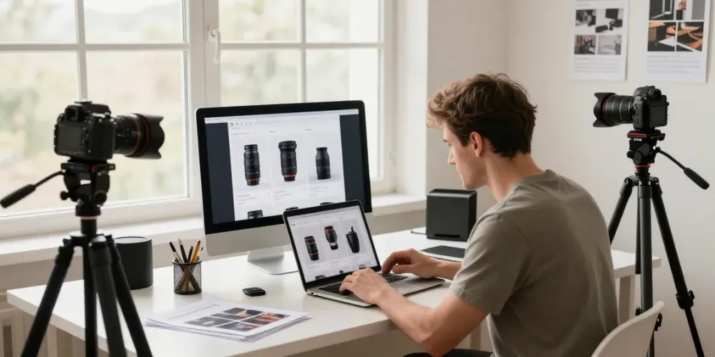 Amazon product photo generator in action at a professional photography workspace with natural lighting.