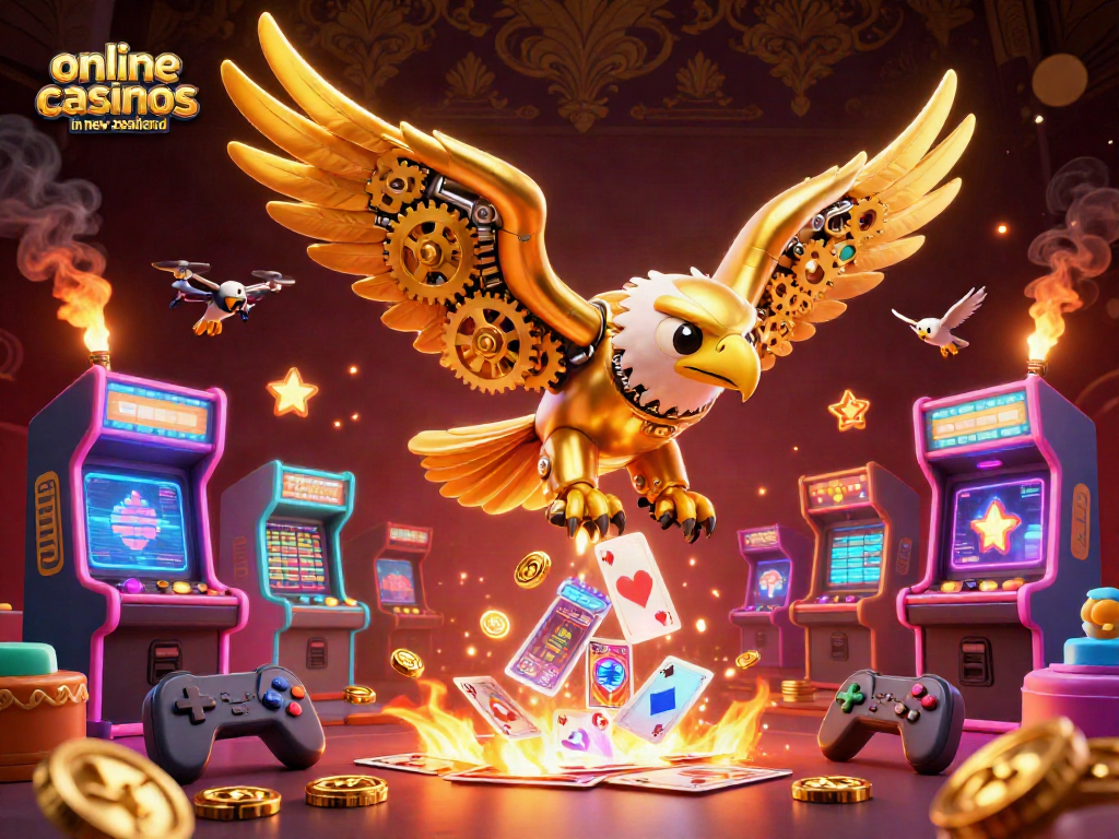 Experience excitement at online casinos in New Zealand with vibrant 3D illustrations of gaming action.
