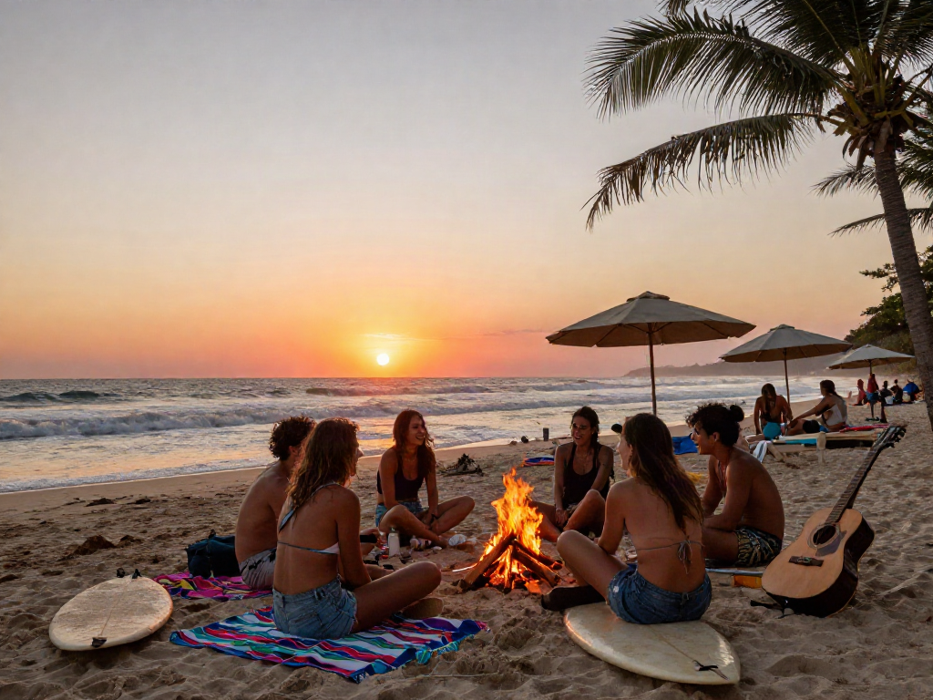 Friends enjoying sunset beach bonfire while discussing slot 5k qris adventure.