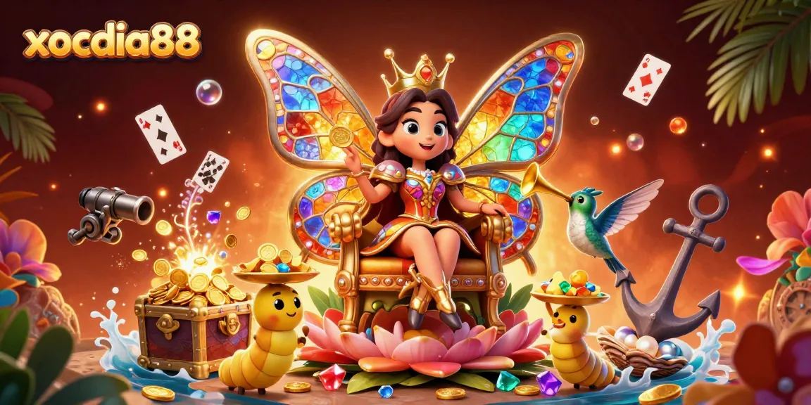 Xocdia88 captivates players with a vibrant illustration of a butterfly queen in a casino-themed scene.