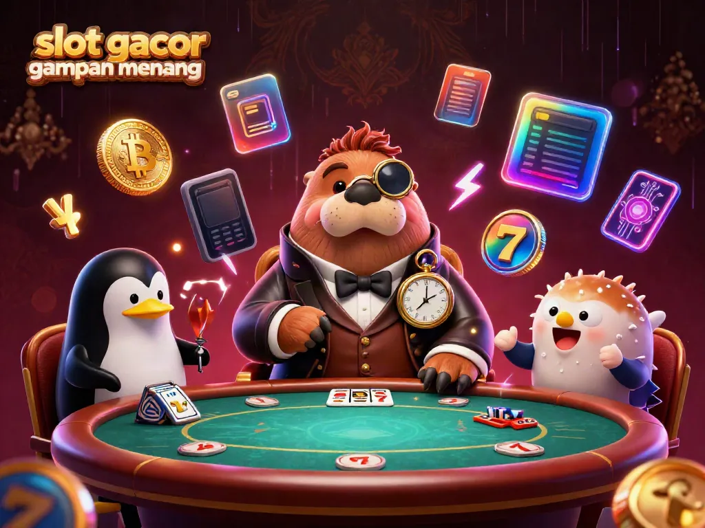 Experience the thrill of slot gacor gampang menang with whimsical characters at an underwater poker table.