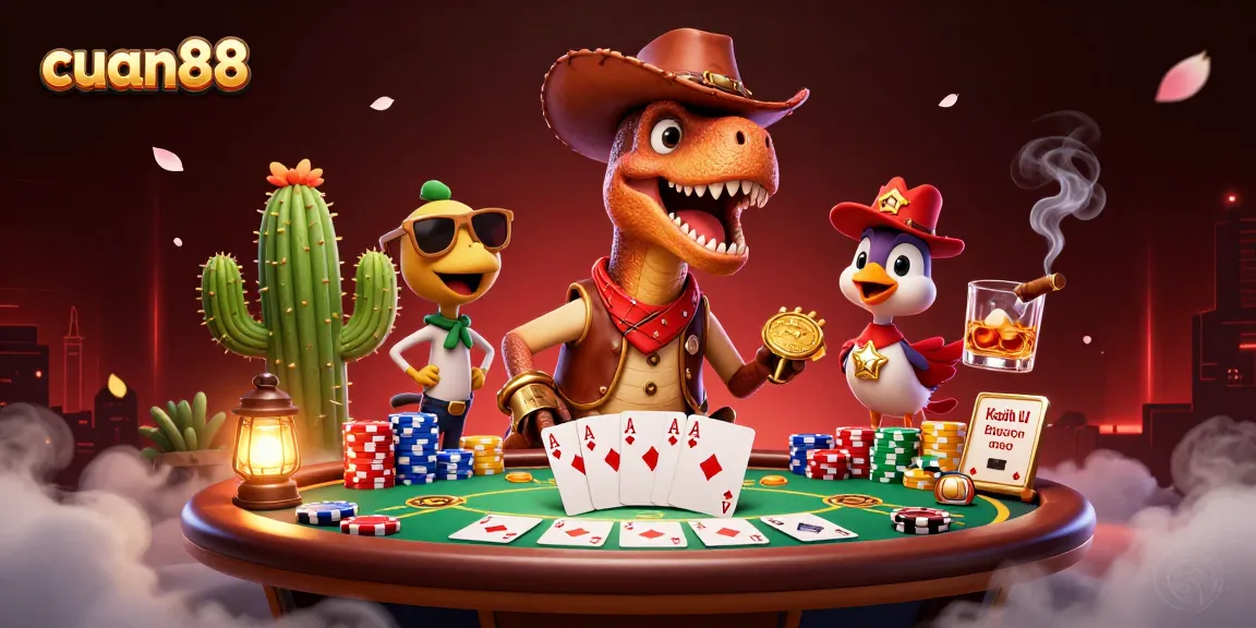 Gambarkan cuan88 saat bermain kartu poker dengan karakter dino cowboy dan teman-teman uniknya.