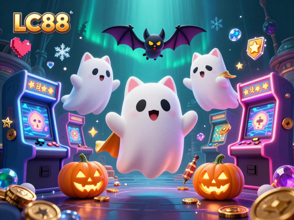 LC88 ghost cat engages in thrilling gaming action amidst glowing arcade machines in a vibrant casino scene.