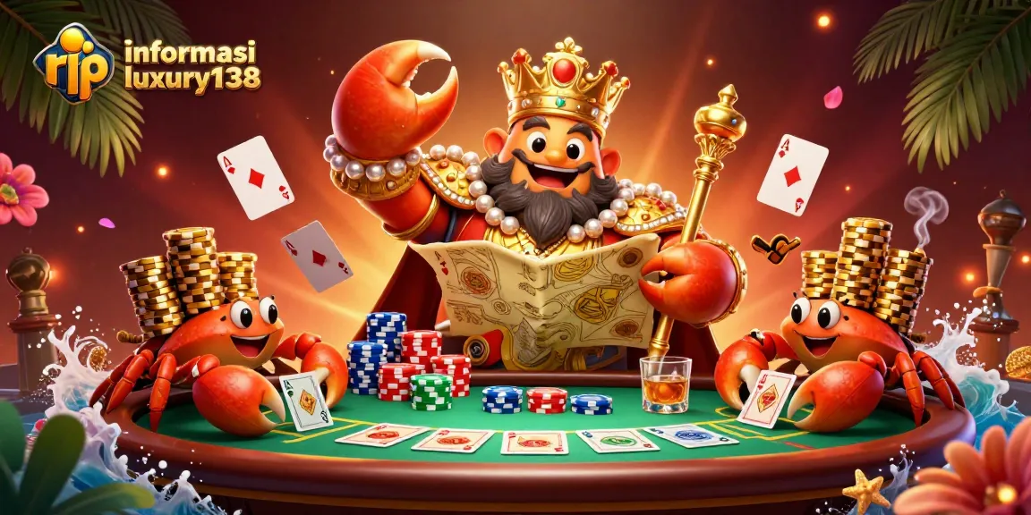 Gambarkan informasi rtp luxury138 dengan ilustrasi kerajaan kepiting emas dan elemen poker yang menarik.