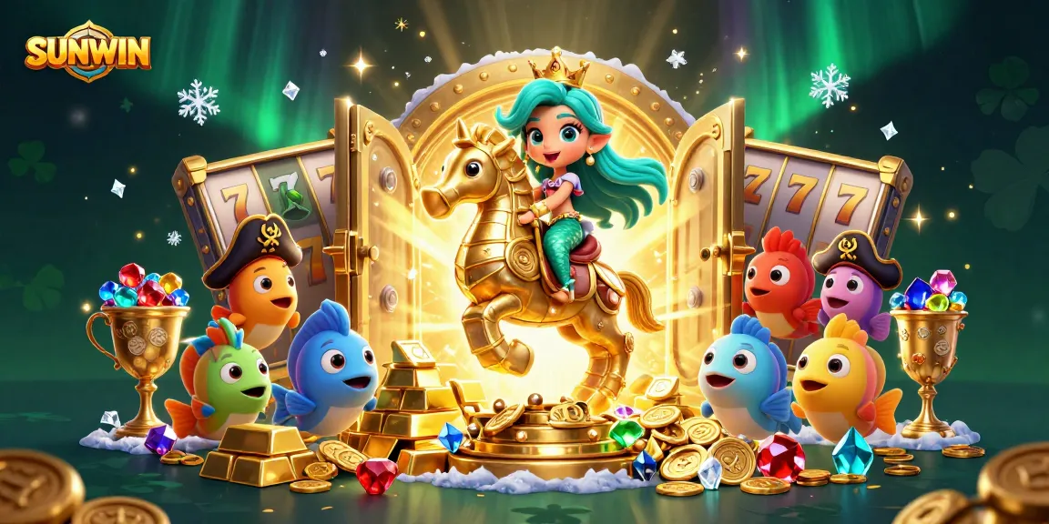 SUNWIN mermaid princess with seahorse in a jackpot scene filled with gems and treasure