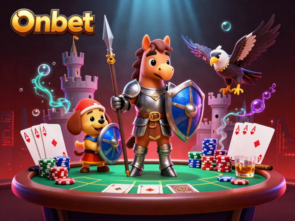 Engage with Onbet's thrilling poker scene featuring a knight and falcon!