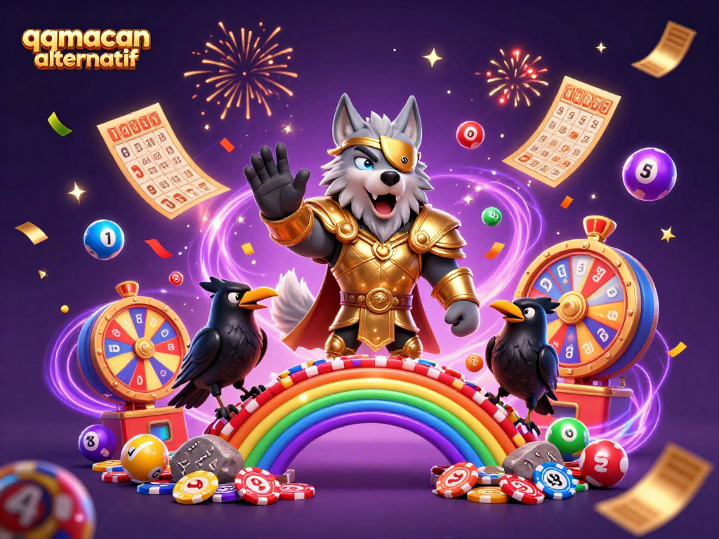 Experience excitement at qqmacan alternatif with vibrant lottery elements and mythical characters engaging in play.