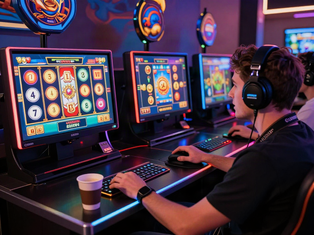 Seorang pemain slot777 yang sedang bermain permainan slot online dengan suasana menarik dan pencahayaan RGB.