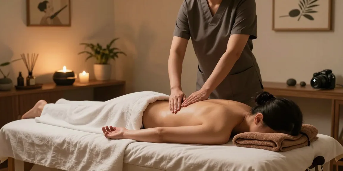 마사지 테라피를 받는 고객과 부드러운 조명과 자연 요소가 어우러진 편안한 치료실 모습