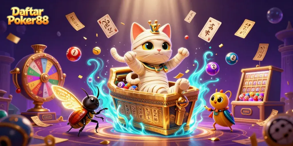 Experience thrilling games with Daftar Poker88, featuring a vivid illustration of a mummy cat and scarab beetle amidst lively casino elements.
