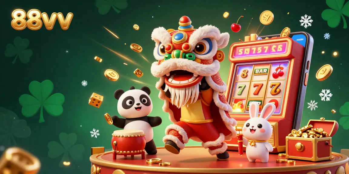 Experience the excitement at 88vv with a vibrant illustration of a lion dance, jackpots, and casino games bursting with energy.