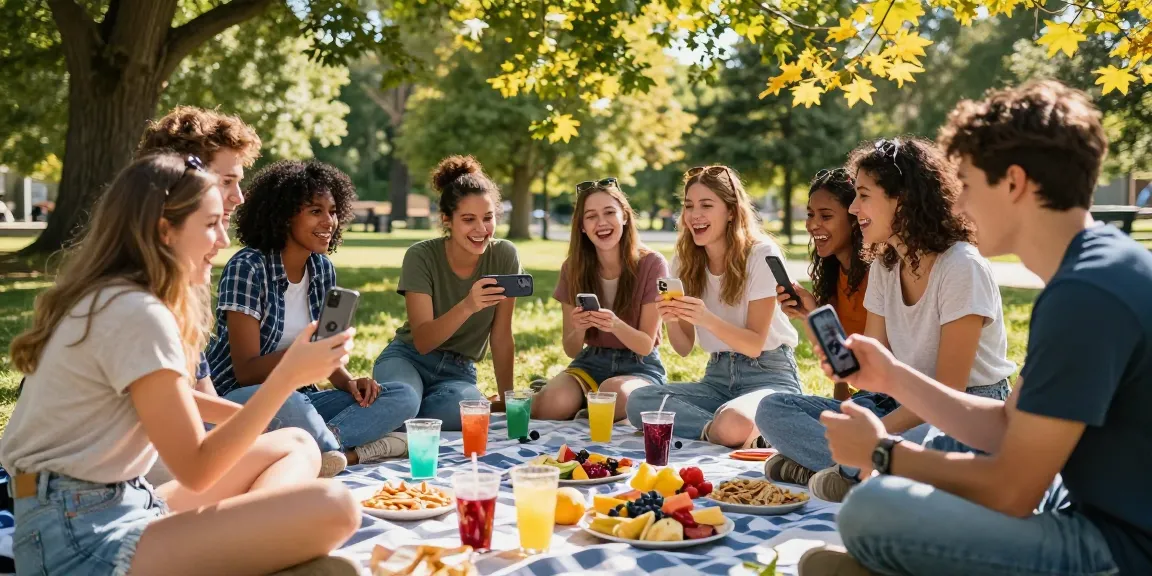 Group of friends enjoying an attractive test picnic, rating each other's looks with laughter in a sunlit park.