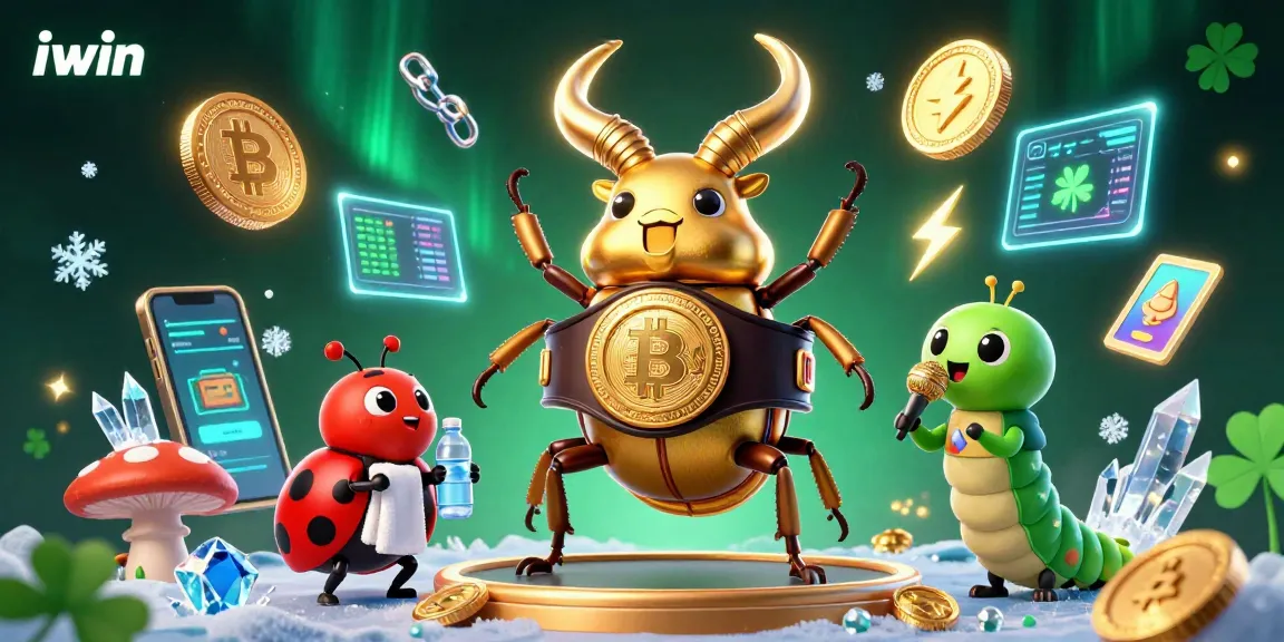Engage with iwin's dynamic gaming universe featuring a golden stag beetle champion and crypto elements for an immersive experience.