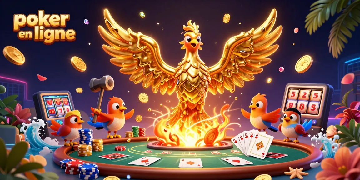 Gagnez au poker en ligne avec une illustration dynamique des joueurs autour d'une table, des jetons colorés en mouvement.