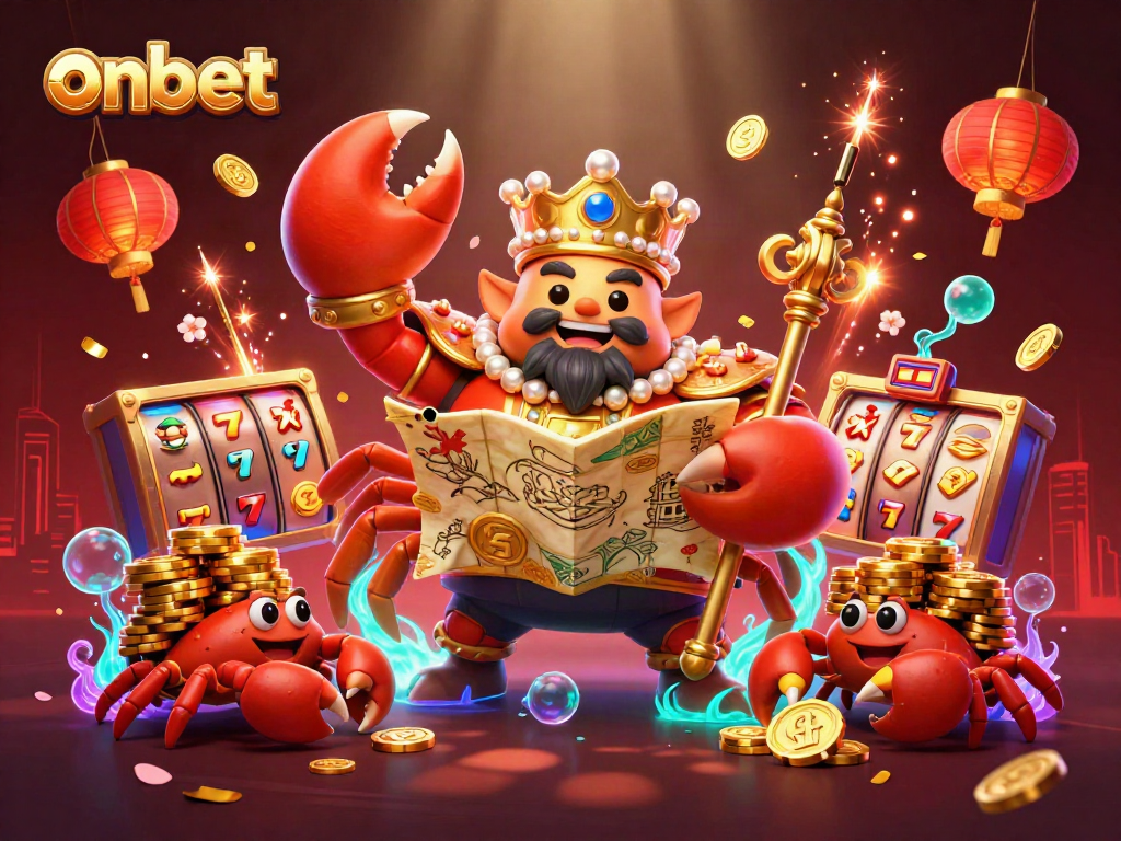 Join in the excitement at onbet with a vibrant casino scene featuring a golden crab emperor and exciting slot games.
