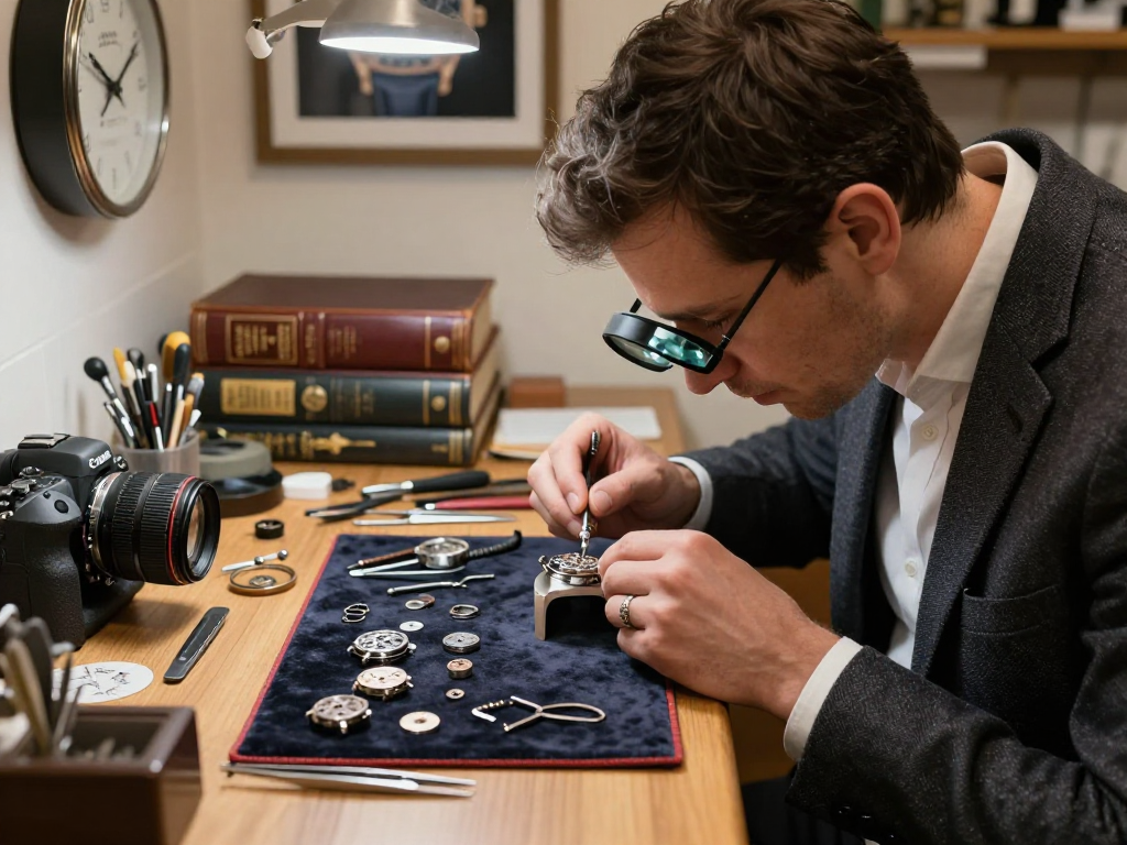 Expert assembling 3135 movement parts in a luxury watch repair workshop, featuring precision tools and components.