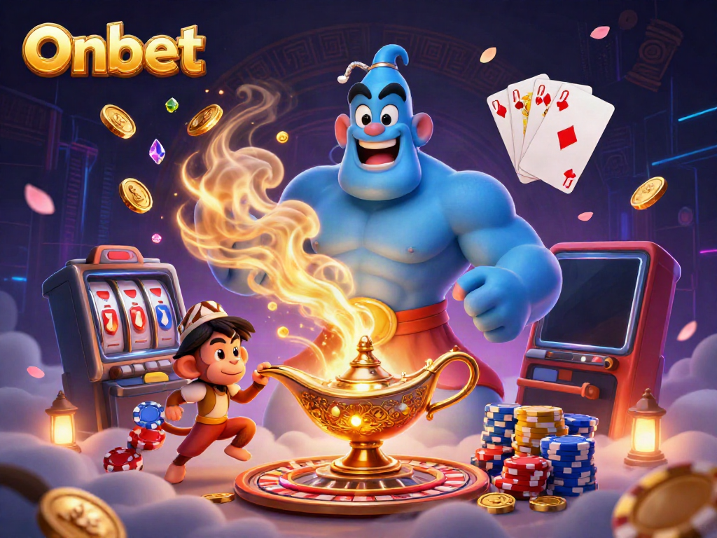 Experience thrilling casino gameplay with Onbet, featuring a magical genie, poker chips, and golden treasures.