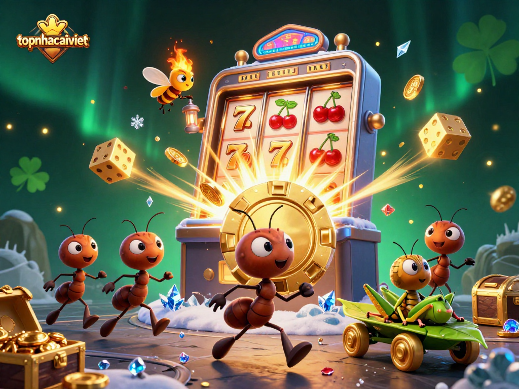 Ants stealing a giant poker chip amidst a vibrant casino scene at topnhacaiviet