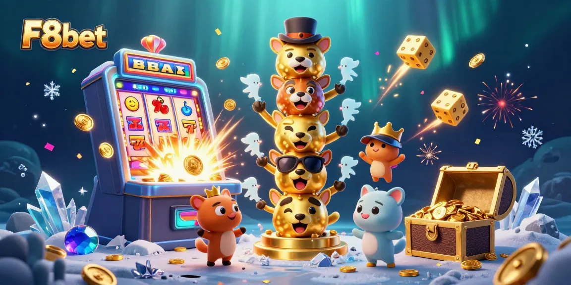 Experience thrilling gaming with F8bet's vibrant 3D scene showcasing a golden totem and slot machine excitement.