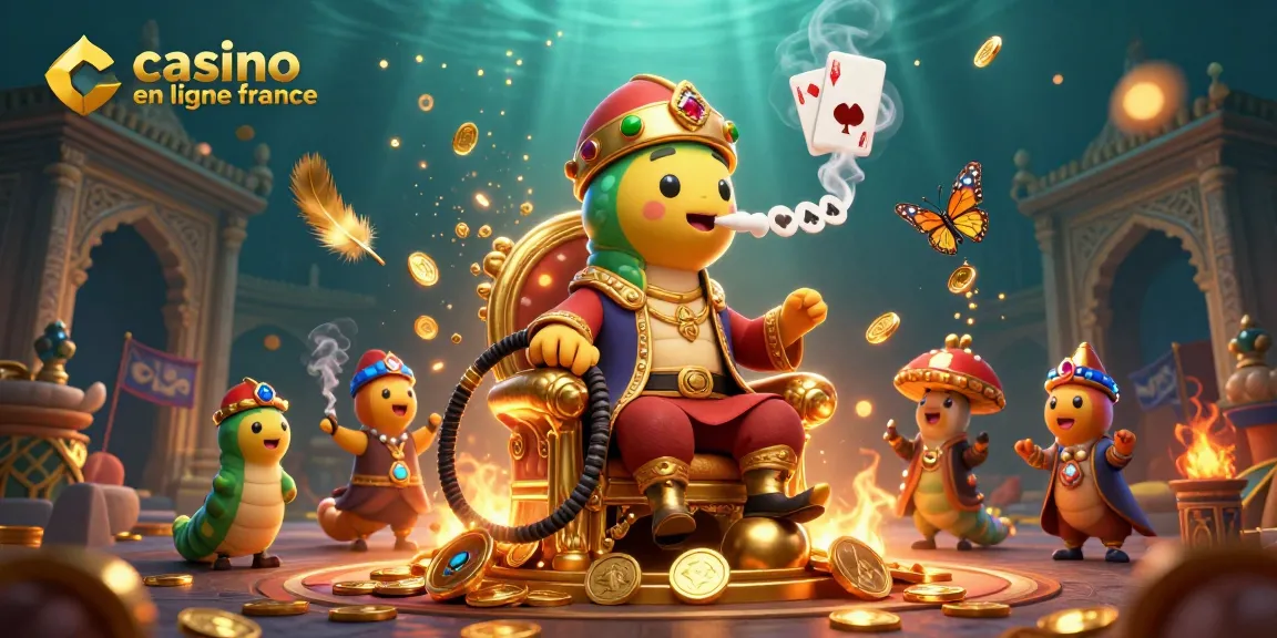 Illustration unique de casino en ligne France mettant en scène un maître narghilé avec des éléments de jeu dynamiques.