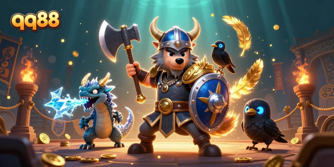 Experience excitement with qq88 as Viking warriors and dragon animate the casino gaming arena.