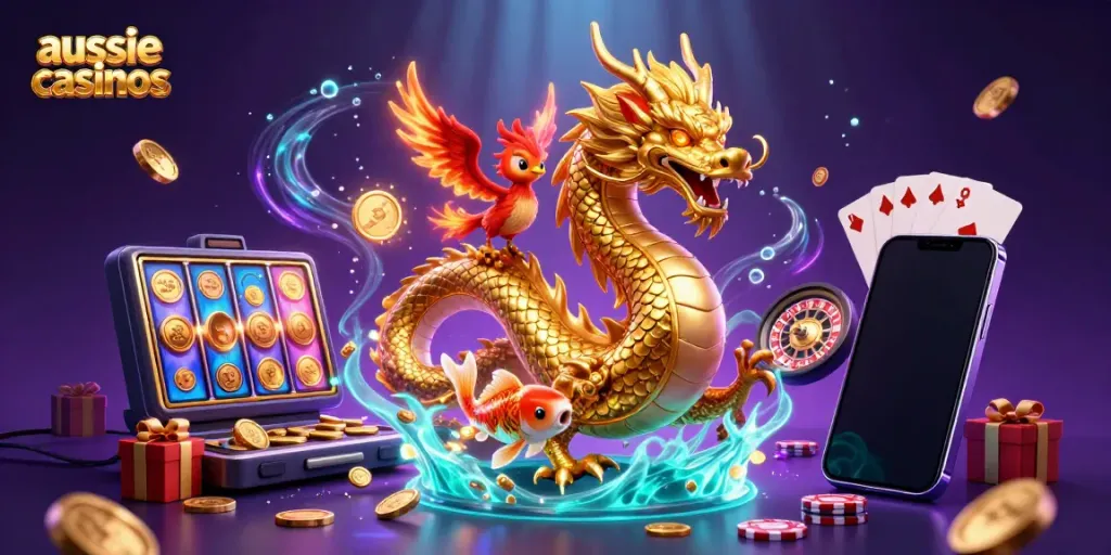 Aussie casinos showcase a lively scene of fortune with a golden dragon, phoenix and koi fish, surrounded by vibrant gaming elements.