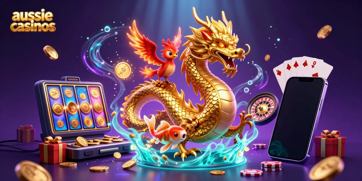 Aussie casinos showcase a lively scene of fortune with a golden dragon, phoenix and koi fish, surrounded by vibrant gaming elements.