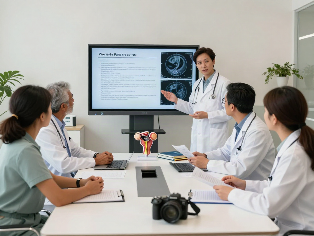 Prostate cancer specialists in Abu Dhabi collaborating on patient care strategy in a modern clinical setting with advanced medical equipment.