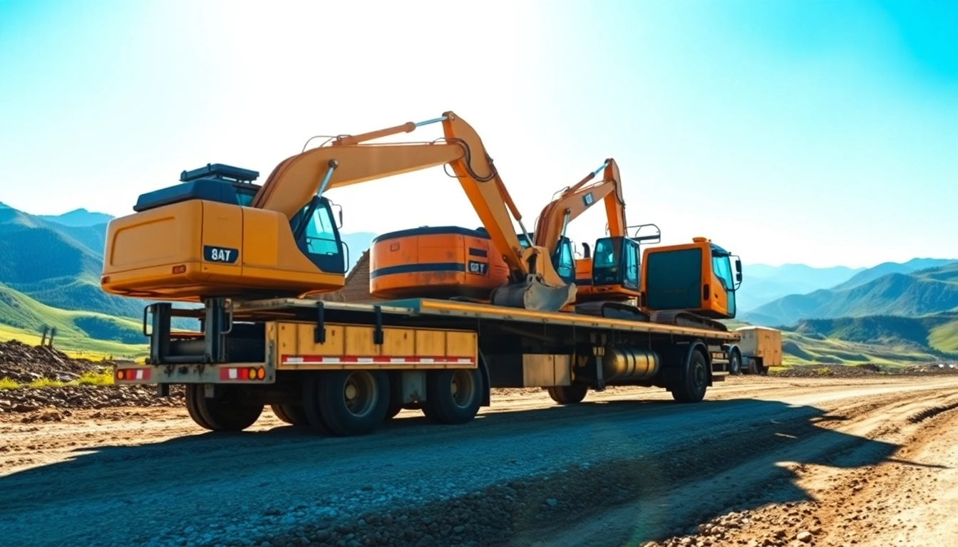 Efficient equipment transport with a flatbed truck carrying excavators in a scenic landscape.