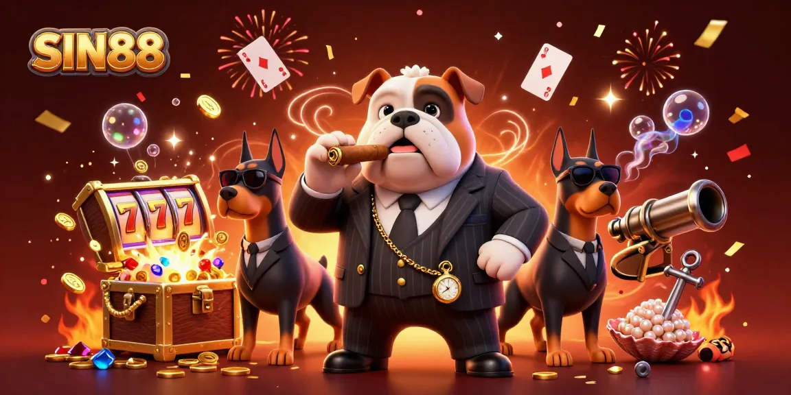 SIN88 Casino scene featuring a mafia bulldog and Doberman bodyguards with slot machines and jewels.
