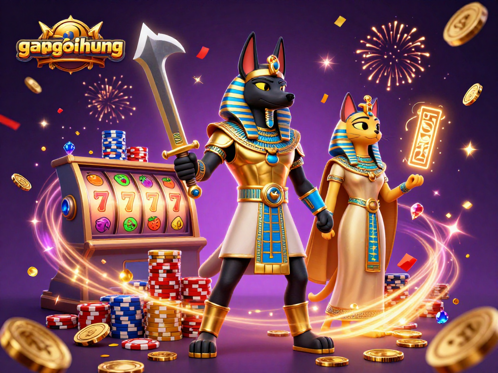Experience the thrill of gamenohudoithuong with Anubis and Bastet in a vibrant jackpot scene.