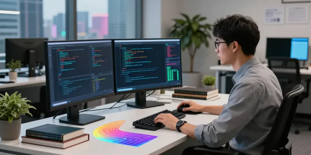 Data scientist engaged in GPU computing with dual monitors in a modern office.