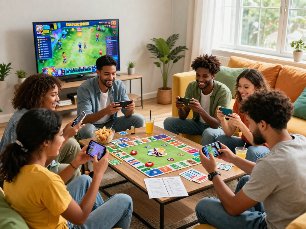 Ramble Rummy game scene with friends enjoying gameplay on smartphones in a cozy living room.
