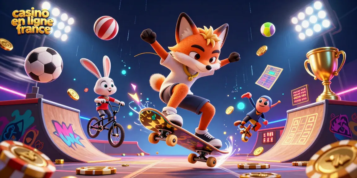 Illustration dynamique de casino en ligne France avec un renard skateboarder et un lapin BMX en action.