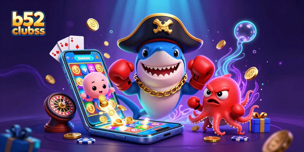 Win big at b52clubss with an energetic underwater scene featuring a playful shark and treasure-holding octopus.