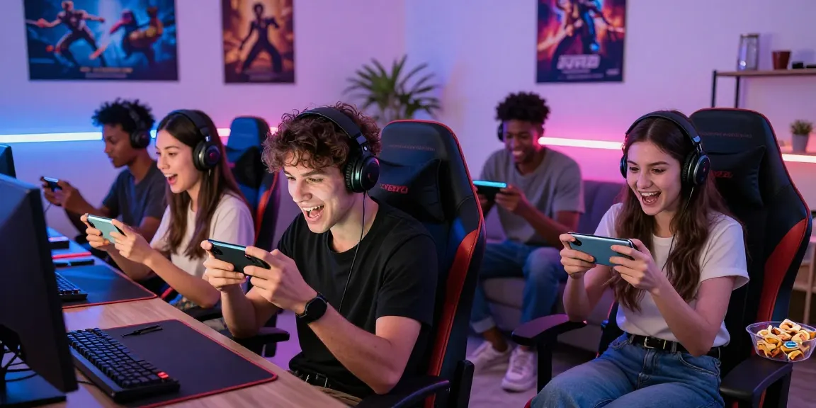 Friends enjoying competitive online gaming with mantra88 on mobile devices in a vibrant living room.