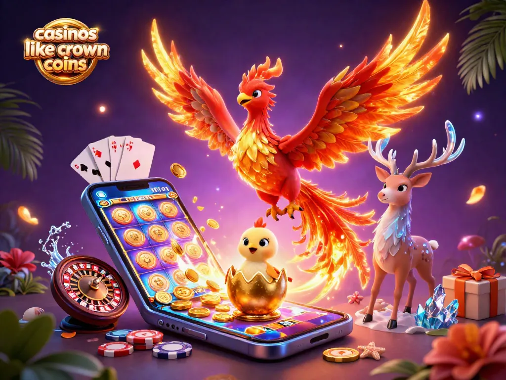 Engage with casinos like crown coins casino through a vibrant, fantasy slot gaming illustration.