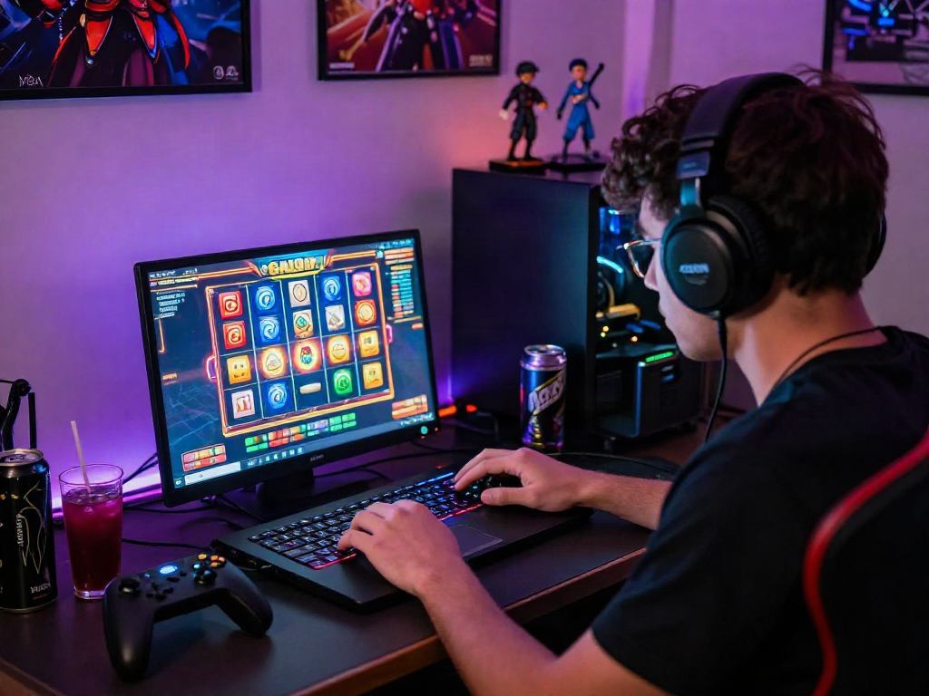 Player engrossed in slot gacor game on a vibrant gaming setup at home