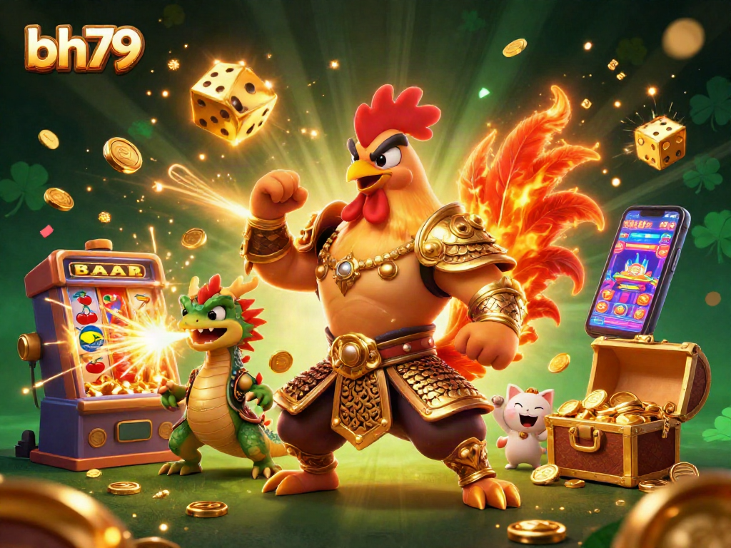 bh79 offers a vibrant gaming scene with a rooster warrior and dragon in a lavish casino setting.