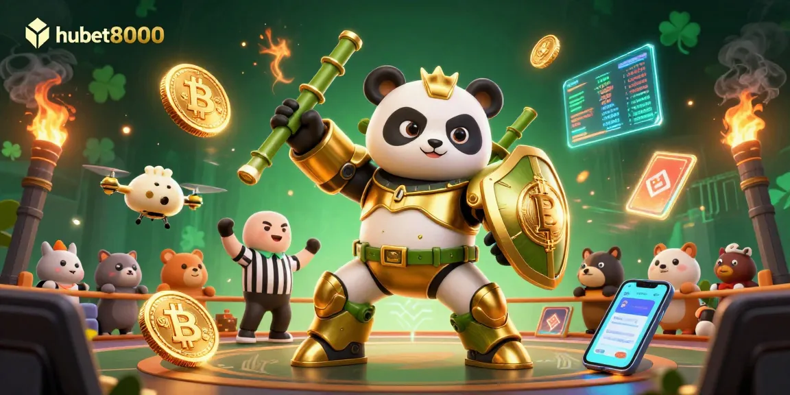 Join the excitement of hubet8000 with a panda pilot in a crypto-themed casino arena!